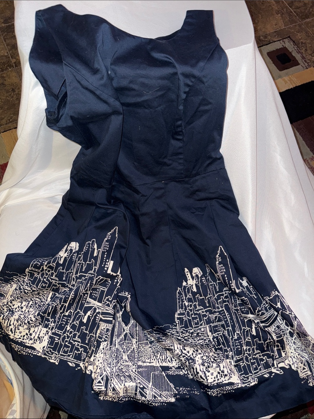 Tommy Hilfiger Navy Sleeveless Dress. Size 8. Cityscape on bottom.